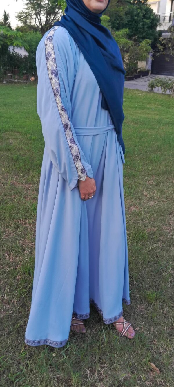 light blue abaya with delicate floral lace size:56 - Image 3