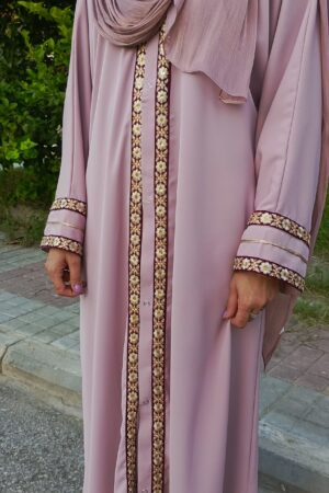 A light pink abaya with golden floral embroidery size:56