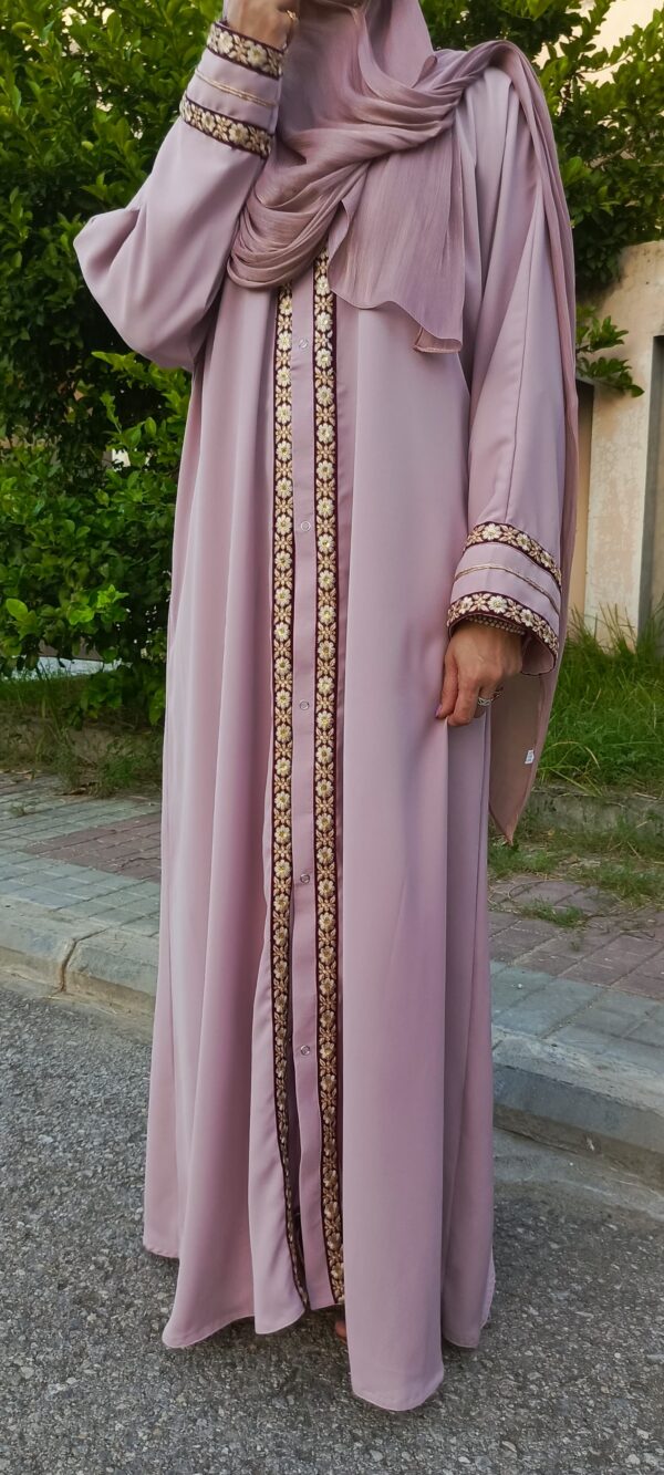 A light pink abaya with golden floral embroidery size:56 - Image 3