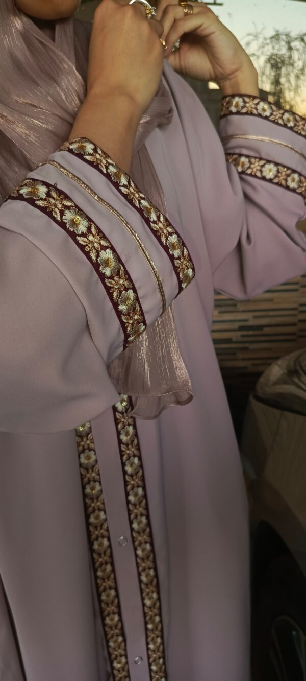 A light pink abaya with golden floral embroidery size:56 - Image 2
