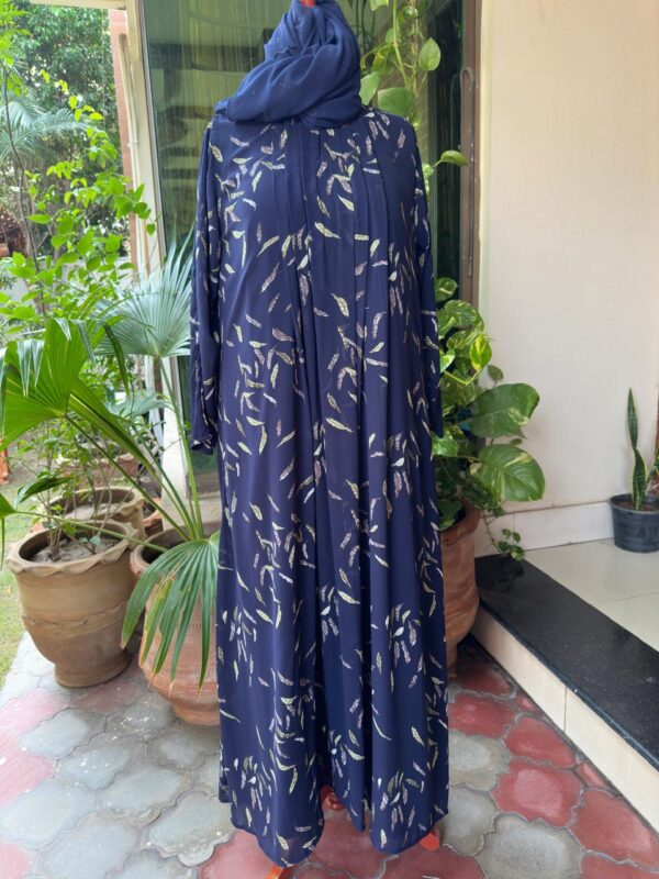royal blue printed georgette abaya with pleeted upper body