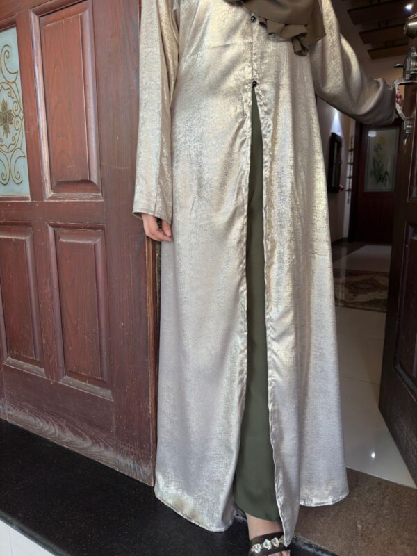 Elegant Metallic half Open slit Abaya with Coordinating Trouser. - Image 4