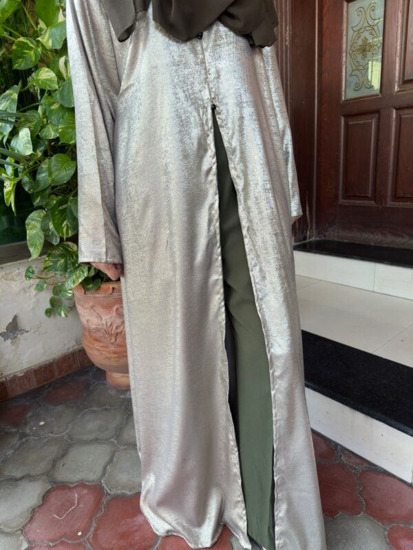 Elegant Metallic half Open slit Abaya with Coordinating Trouser. - Image 5