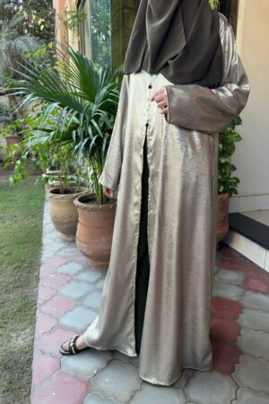 Elegant Metallic half Open slit Abaya with Coordinating Trouser.