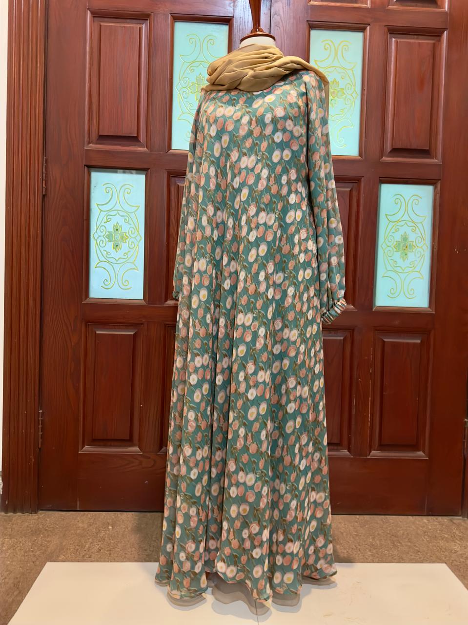 printed green a line abaya lastic sleeve