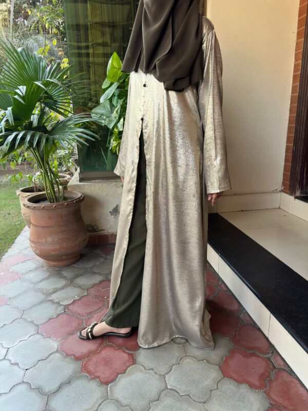 Elegant Metallic half Open slit Abaya with Coordinating Trouser. - Image 2