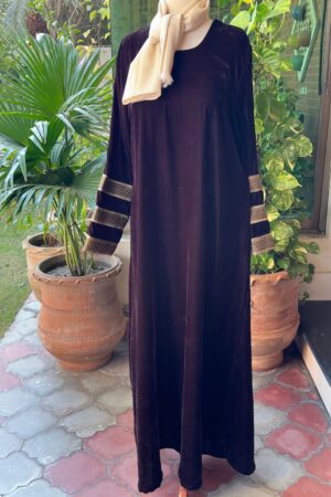 dark brown velvet with golden lace on sleeve