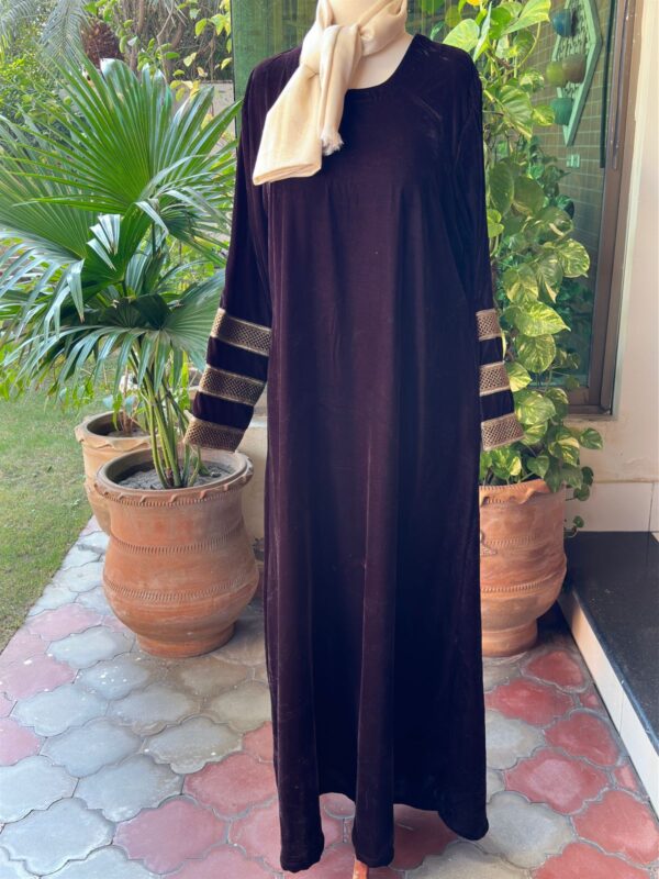 dark brown velvet with golden lace on sleeve