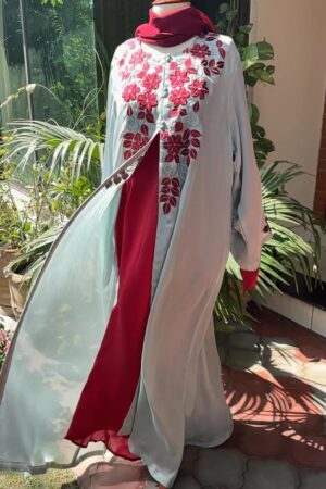 pastel silver grey gown with maroon embriodrey + maroon inner