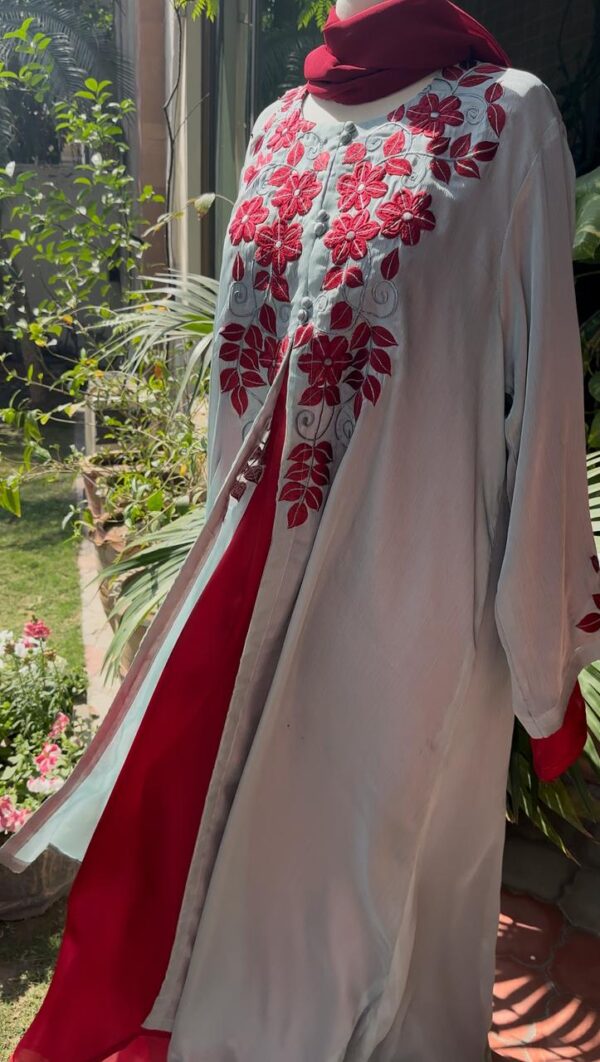 pastel silver grey gown with maroon embriodrey + maroon inner - Image 3