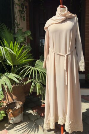 Elegant Nude Abaya cream colour with lace on hem and sleeves
