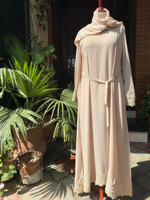 Elegant Nude Abaya cream colour with lace on hem and sleeves