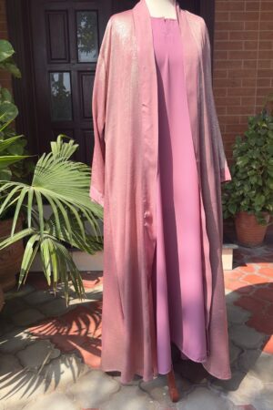 Elegant Rose Gold Abaya –shimmering gown + georgette inner