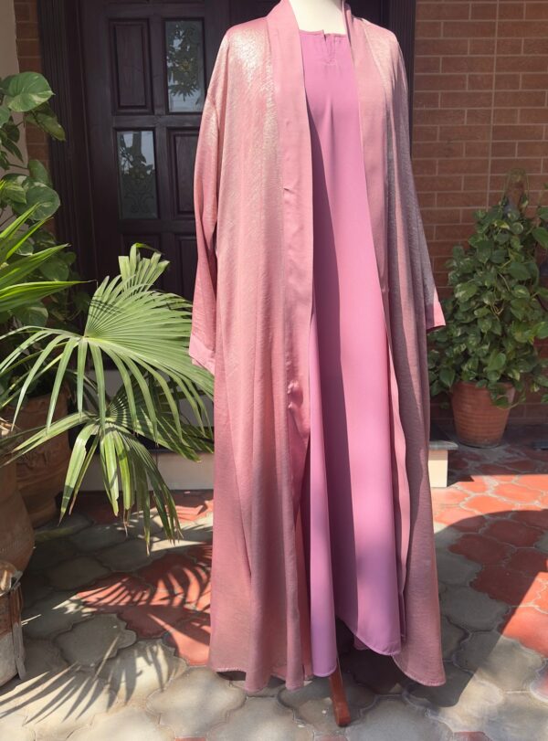 Elegant Rose Gold Abaya –shimmering gown + georgette inner
