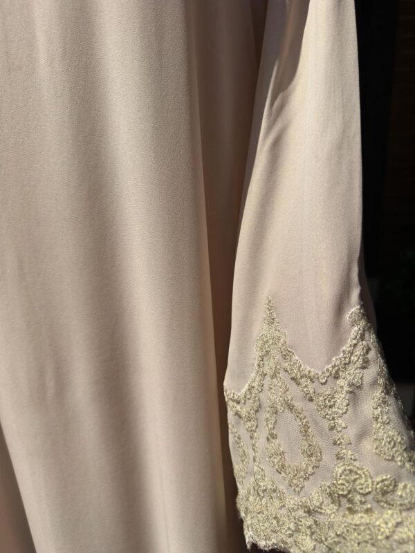 Elegant Nude Abaya cream colour with lace on hem and sleeves - Image 2