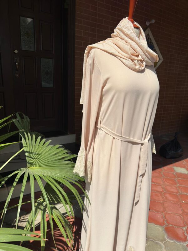 Elegant Nude Abaya cream colour with lace on hem and sleeves - Image 4