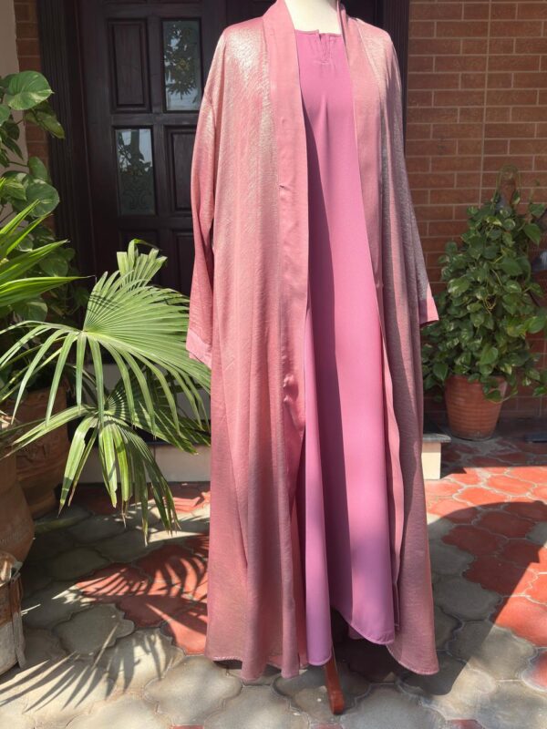 Elegant Rose Gold Abaya –shimmering gown + georgette inner - Image 3