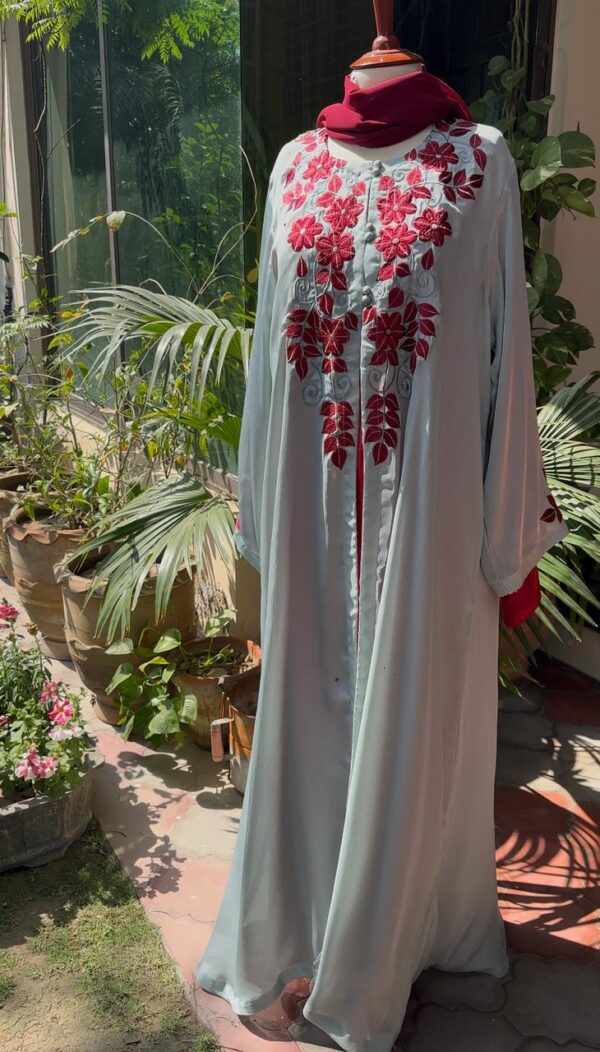 pastel silver grey gown with maroon embriodrey + maroon inner - Image 2