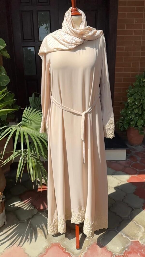 Elegant Nude Abaya cream colour with lace on hem and sleeves - Image 3