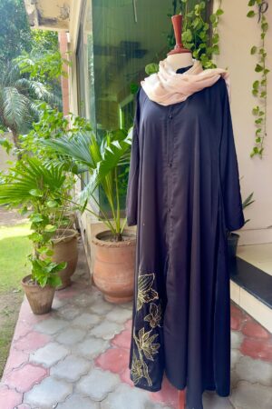 Elegant Black Abaya with Golden Floral Embroidery