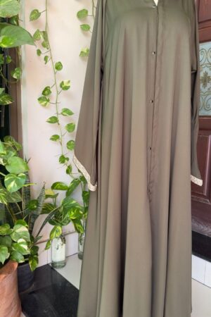 Elegant Olive Brown Button Down Abaya with Subtle Embellished Sleeves